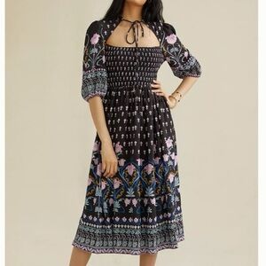 Anthropologie Black Floral Midi Dress